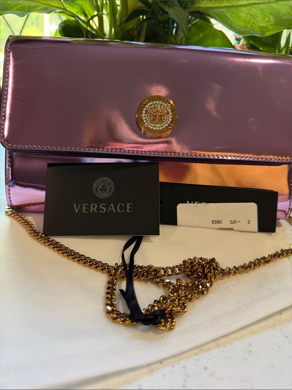 NWT Versace Metallic Pink Clutch with Gold Medallion - Picture 9 of 9